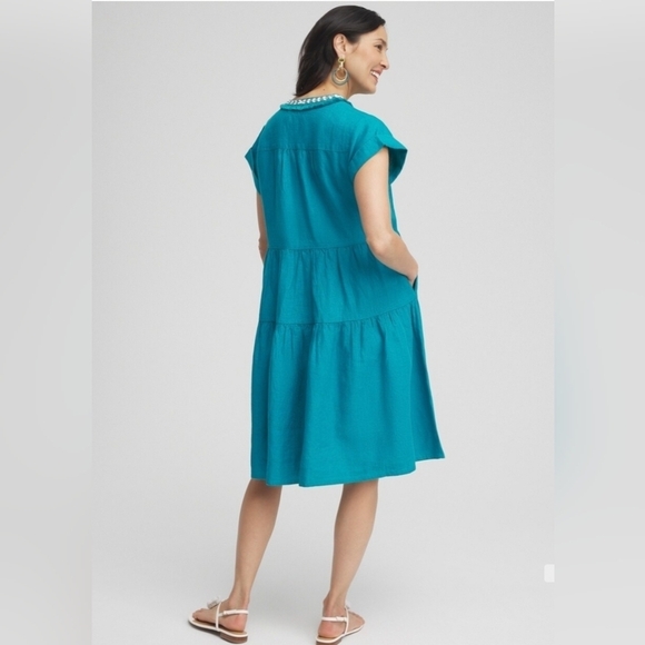 Chico's Women's Ecru 100% Linen Embellished Cap Sleeve Dress Sz 10 - Picture 3 of 15